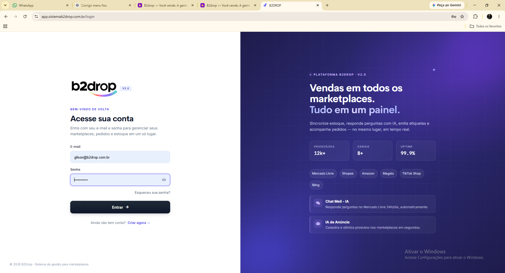 Tela de acesso da B2drop