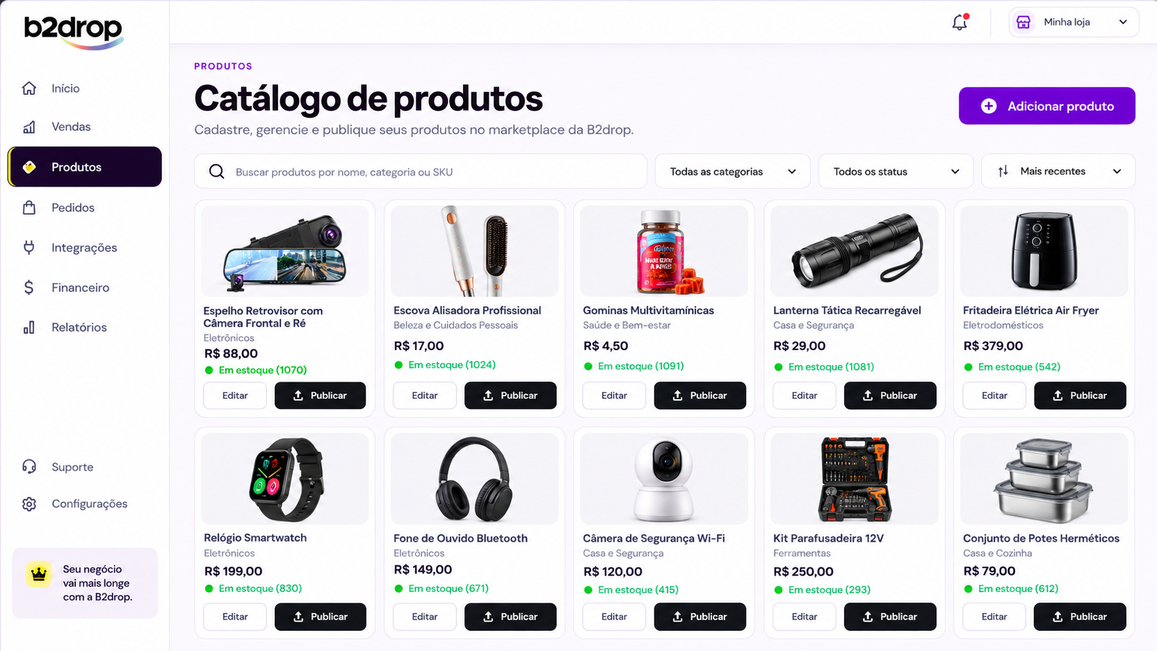 Tela B2drop para publicar produtos no catálogo