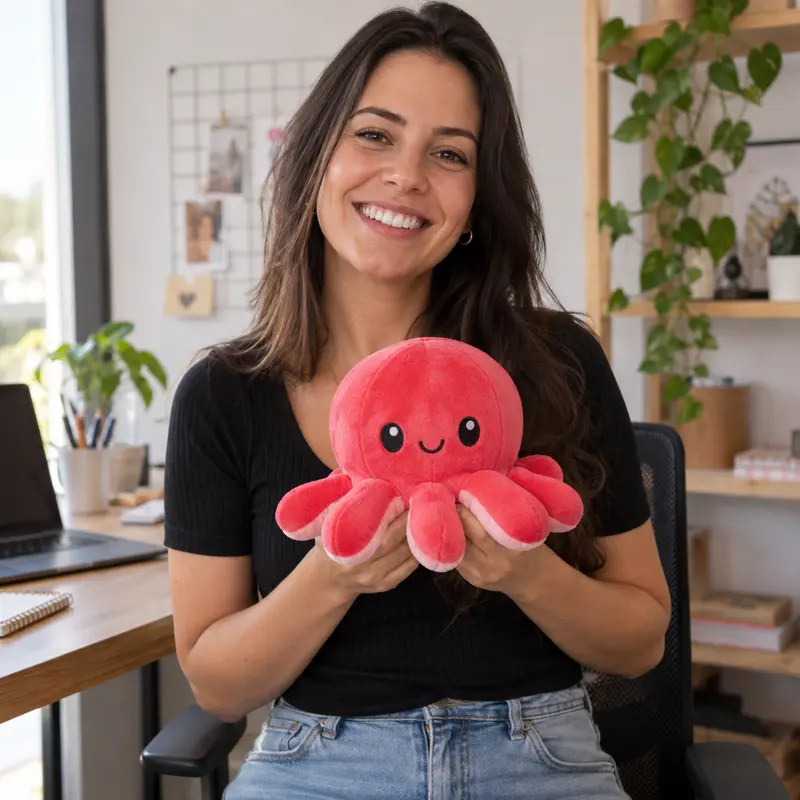 Ana segurando um brinquedo polvo dançante