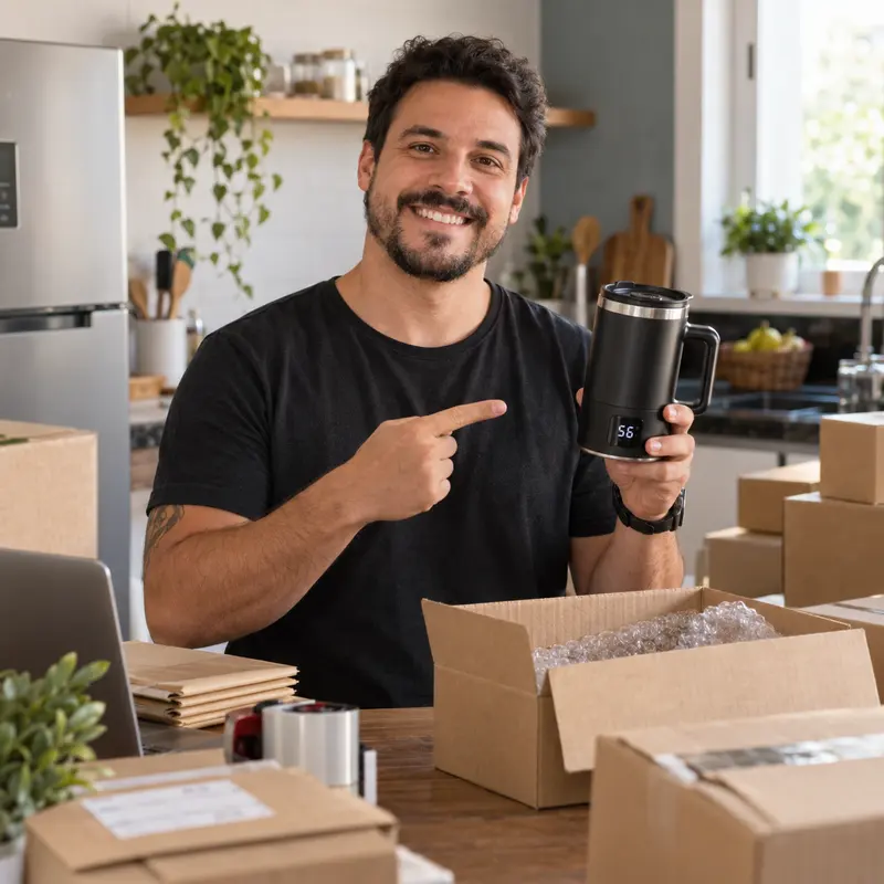 Bruno segurando uma caneca mixer recarregável