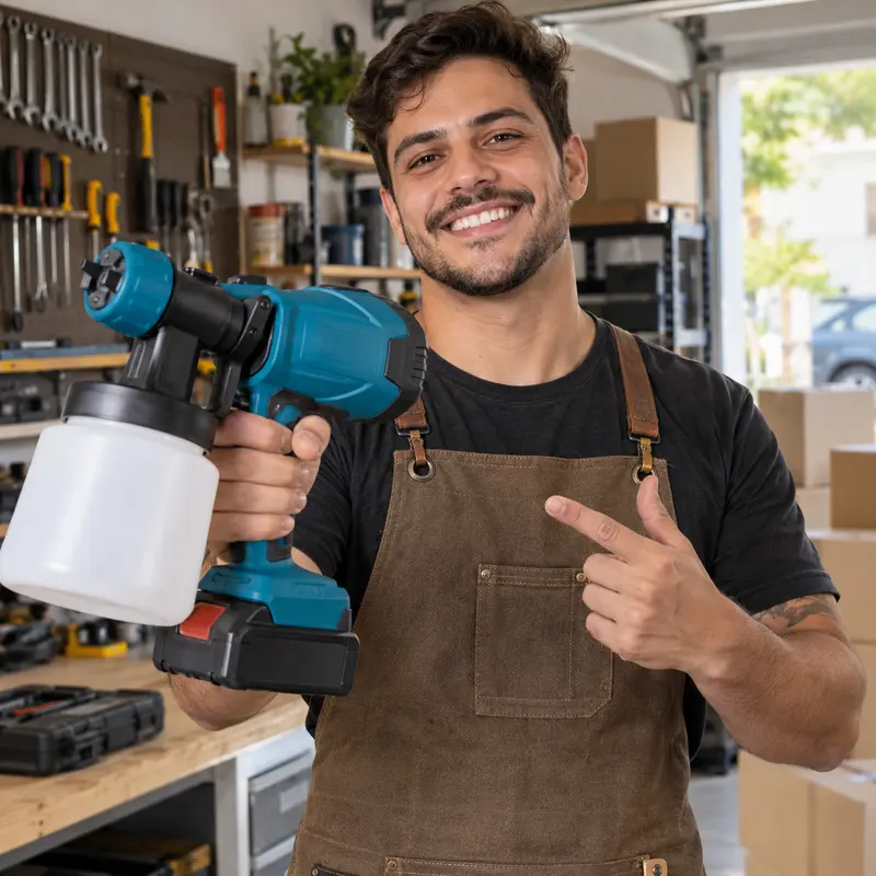 Diego segurando uma pistola pulverizadora
