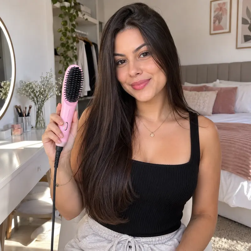 Larissa segurando uma mini escova alisadora